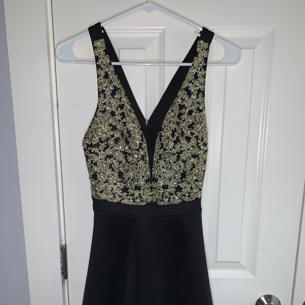 Gold beaded black skater mini dress with mesh back